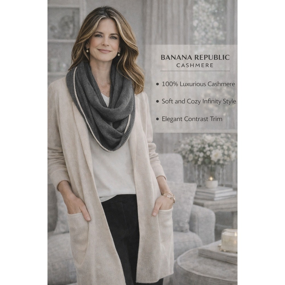 Banana Republic 100% Cashmere Grey Infinity Scarf Cream Trim Luxury Knit